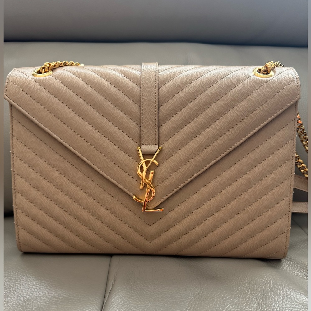 YSL Grain De Poudre Matelasse Chevron Large Monogram Satchel Beige